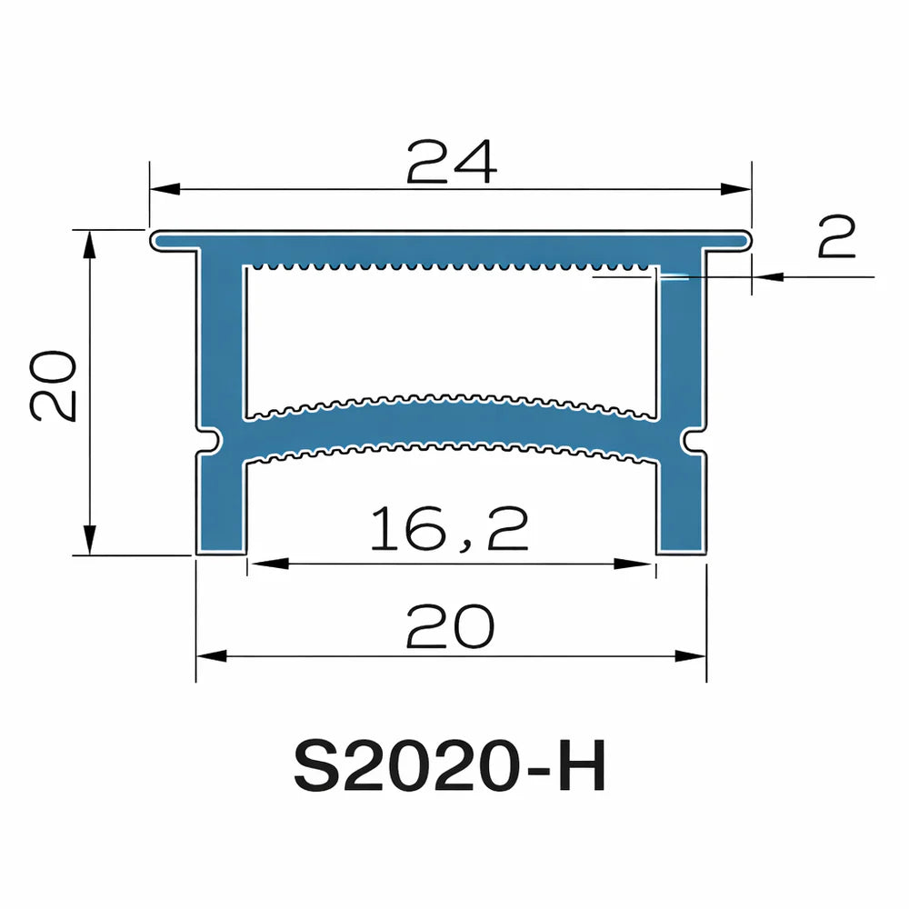LQ Series S2020-H Black Quick Install LED Neon Profile | Double-Chamber Diffuser | 20×20mm Top Emitting led neon extrusion profile | Max Strip Width ≤16mm | Commercial Display Lighting | 5M/500M