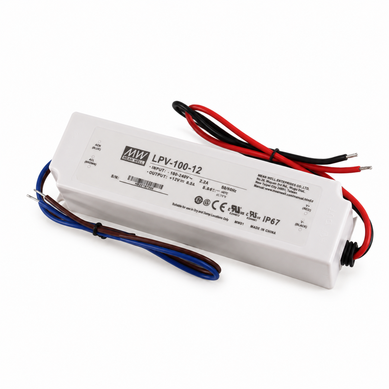 MEANWELL LPV Series 12V IP67 Waterproof Switching Power Supply, 35W–150W, AC90-264V Input, UL/CE Certified, Plastic Housing, Outdoor Lighting Projects, 1-Pack / 10-Pack