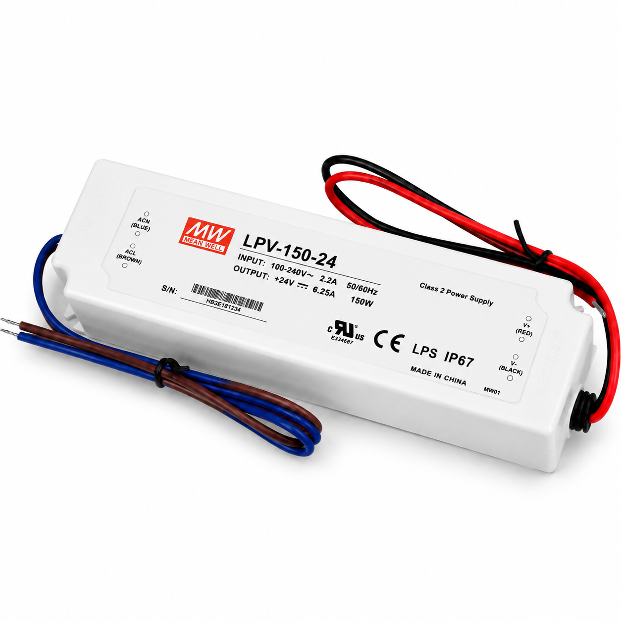 MEANWELL LPV Series 24V IP67 Waterproof Switching Power Supply, 35W–150W, AC90-264V Input, UL/CE Certified, Plastic Housing, Outdoor Lighting Projects, 1-Pack / 10-Pack