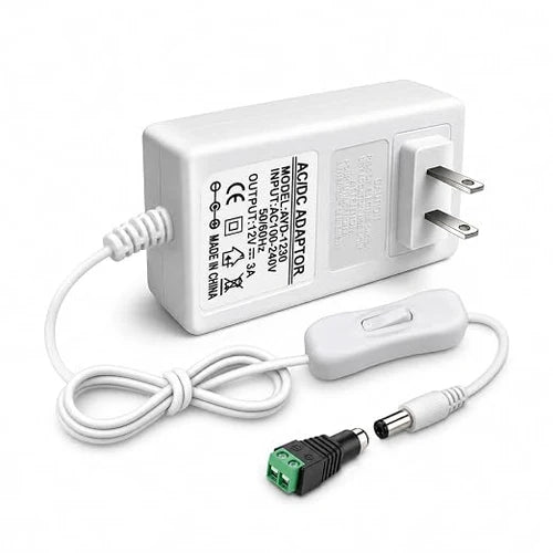DC 12V Wall Plug LED Adapter with On/Off Switch, 24W/36W Options, US Plug, White Housing, 100–240V AC Input Wall Plug LED Adapter - for LED Strip Lights and Electronic Devices