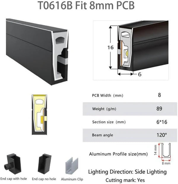 Neon Light Housing – S0616 Black Side Edge Lighting | 6x16mm Silicone LED Channel System | IP67 Waterproof | 8mm PCB Width | 50M/5M | Local Stock US/UK/DE