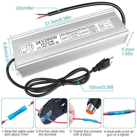 280W Outdoor Waterproof Power Supplies, 12V/24V Output, 90-265V Input, Single Output, Aluminum Housing, Outdoor Lighting Projects, CE/RoHS/FCC Certified, US/UK/EU Plug, 1-Pack / 10-Pack