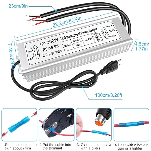 300W Outdoor Waterproof Power Supplies, 12V/24V Output, 90-265V Input, Dual Output, Aluminum Housing, Outdoor Lighting Projects, CE/RoHS/FCC Certified, US/UK/EU Plug, 1-Pack / 10-Pack