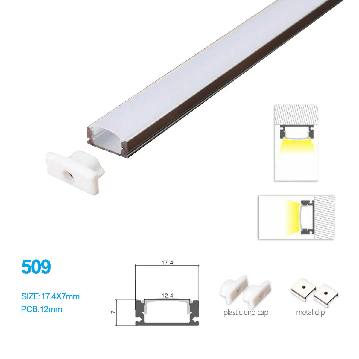 17.4 × 7mm Wall Mounted LED Aluminum Profiles Kit 509-B – 12mm Inner Width | Silver | Milky White Cover | With Installation Accessories | LED Mounting Track – 1m / 2m / 3m | 50 / 100-Pack