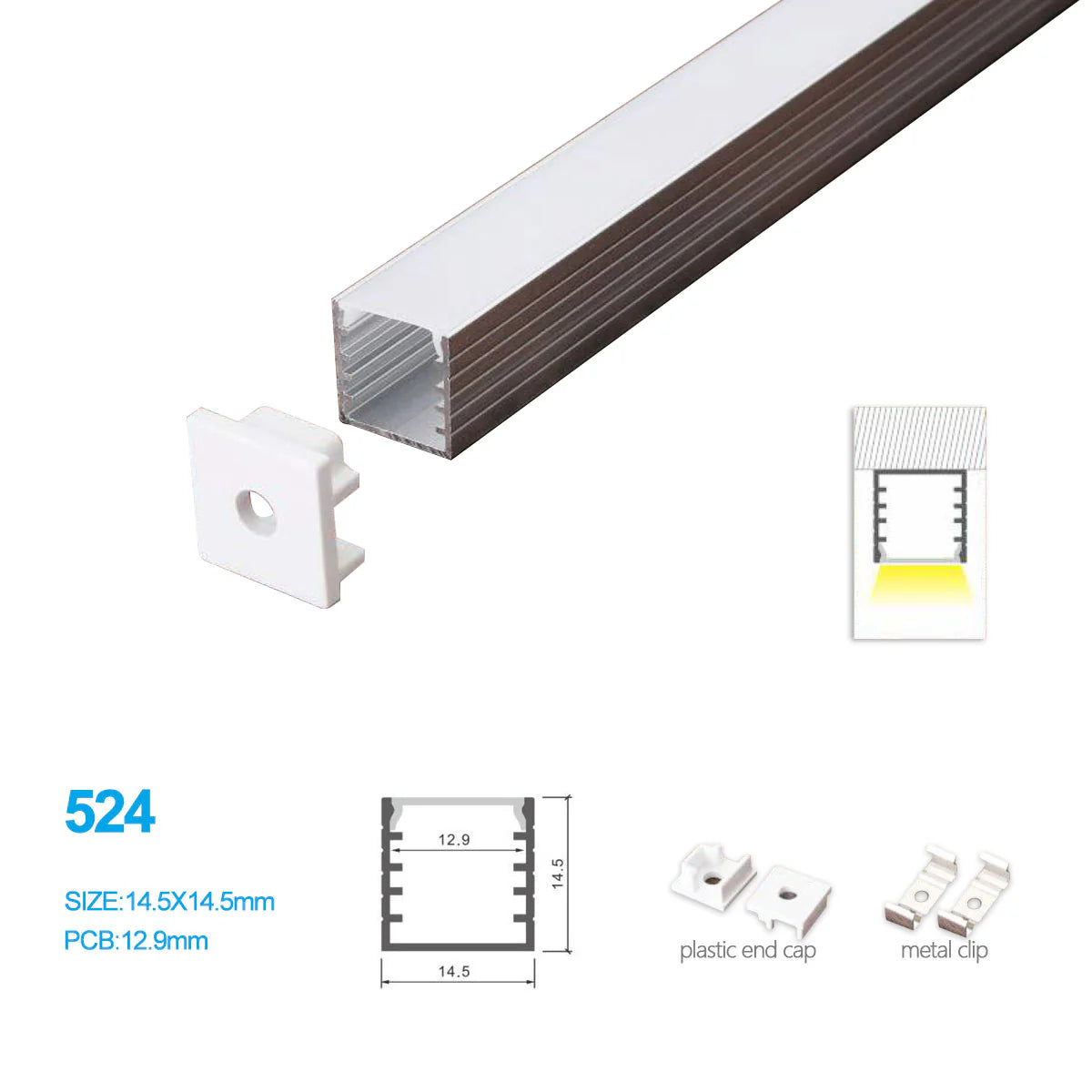 14.5 × 14.5mm LED Aluminum Profiles Kit 524-B – 12.9mm Inner Width | Silver | Milky White Cover | With Installation Accessories | LED Mounting Track – 1m / 2m / 3m | 50 / 100-Pack