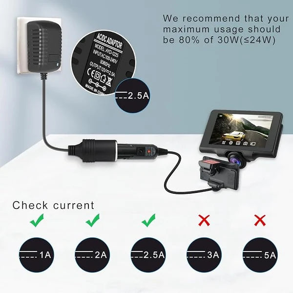 DC 12V Cigarette Lighter Power Supply Adapter 30W, AC 100–240V Input Converter Transformer with UK Plug - for Car Accessories, Pumps, Coolers and LED Lights