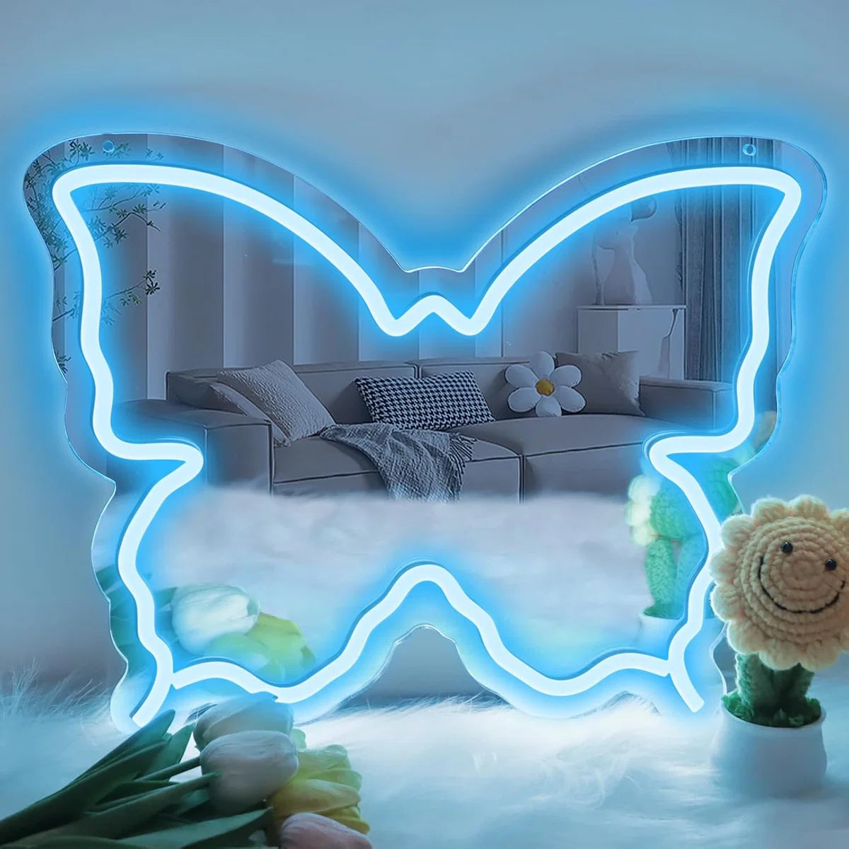 Ice Blue Butterfly LED Vanity Signs – 15.7×12 inch Neon Outline | USB Powered | Perfect for Vanity Decor