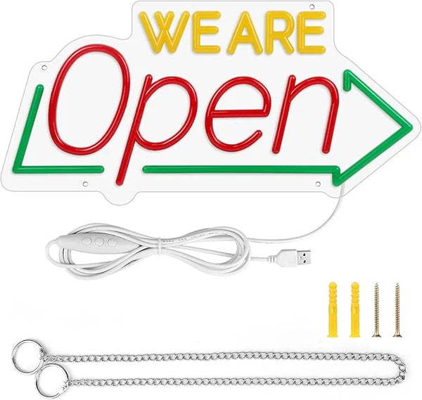 Bright Open Signs for Business, 16.1"X 7.8" Dimmable Open Sign Powered by USB, Red&Green&Yellow Christmas Neon LED Sign, We Are Open Sign for Door Windows