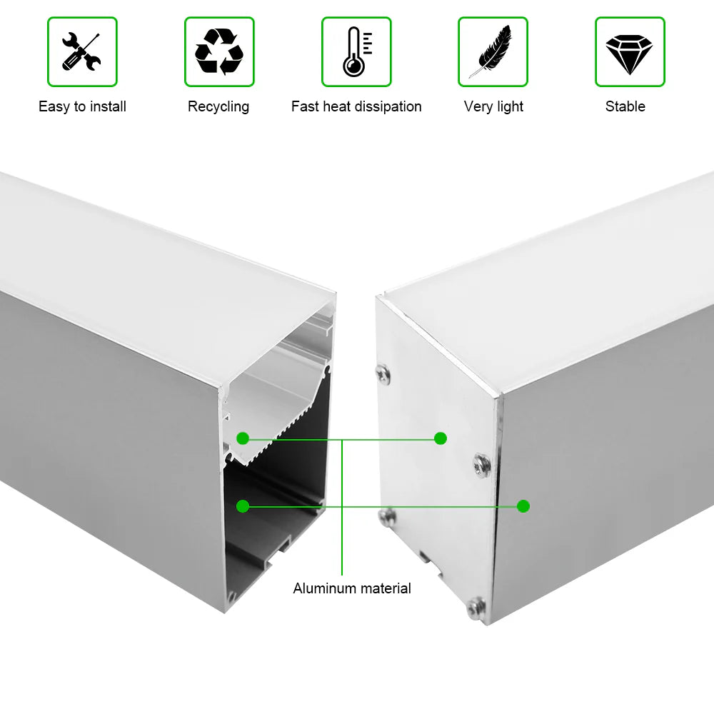 Wide Pendant LED Aluminum Profile Light H5075B – 29.3mm Inner Width | Silver Housing | Milky White Cover | With Installation Accessories | Suspension Mounting Linear Office Lighting | 1m / 2m Length | 10 / 20-Pack