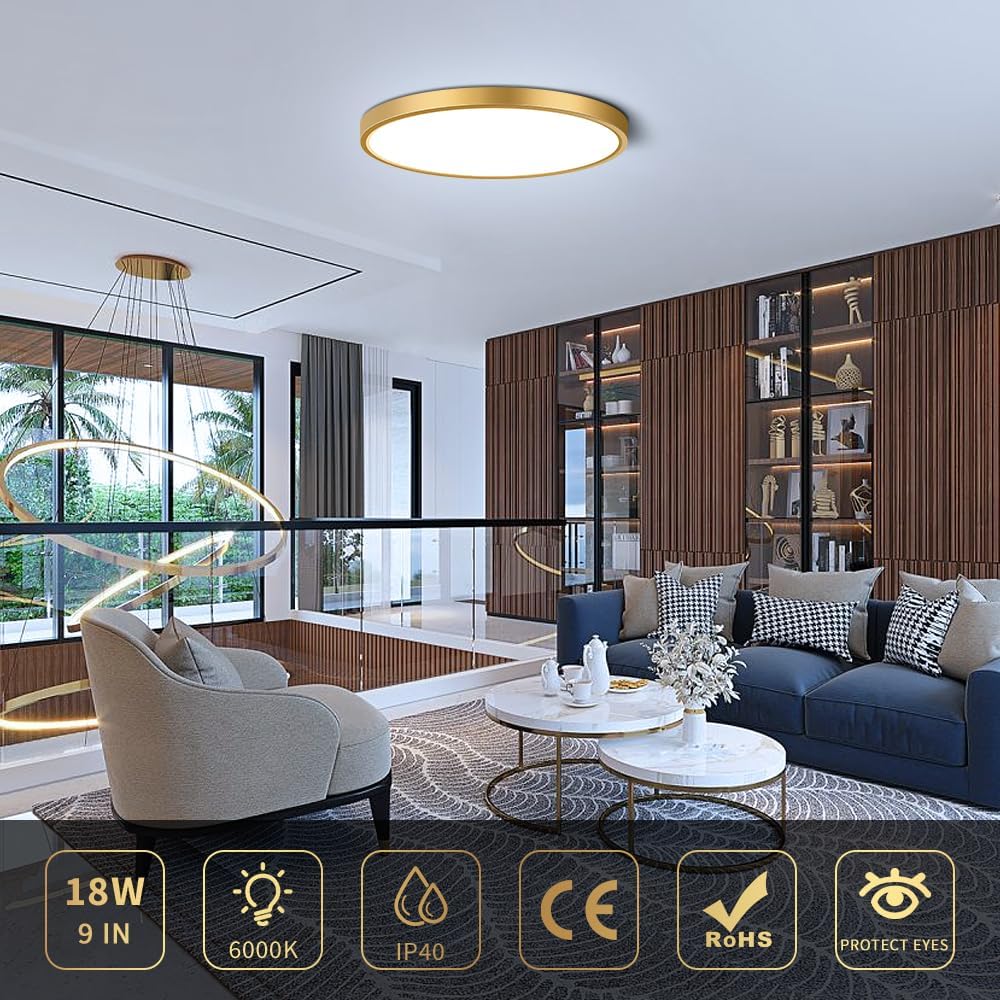 AC 110–130V Gold Round Flush Mount LED Ceiling Light – 18 / 24 / 32 Inch – 3000K / 4500K / 5000K / 6500K – for Residential & Commercial Lighting – Local Stock (US)
