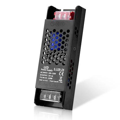 DC 12V/24V 36W–200W Slim Black Industrial Switching Power Supplies, AC 110–250V Input, Narrow Type LED Driver Transformer, Compact Metal Housing, CE/FCC/RoHS Certified