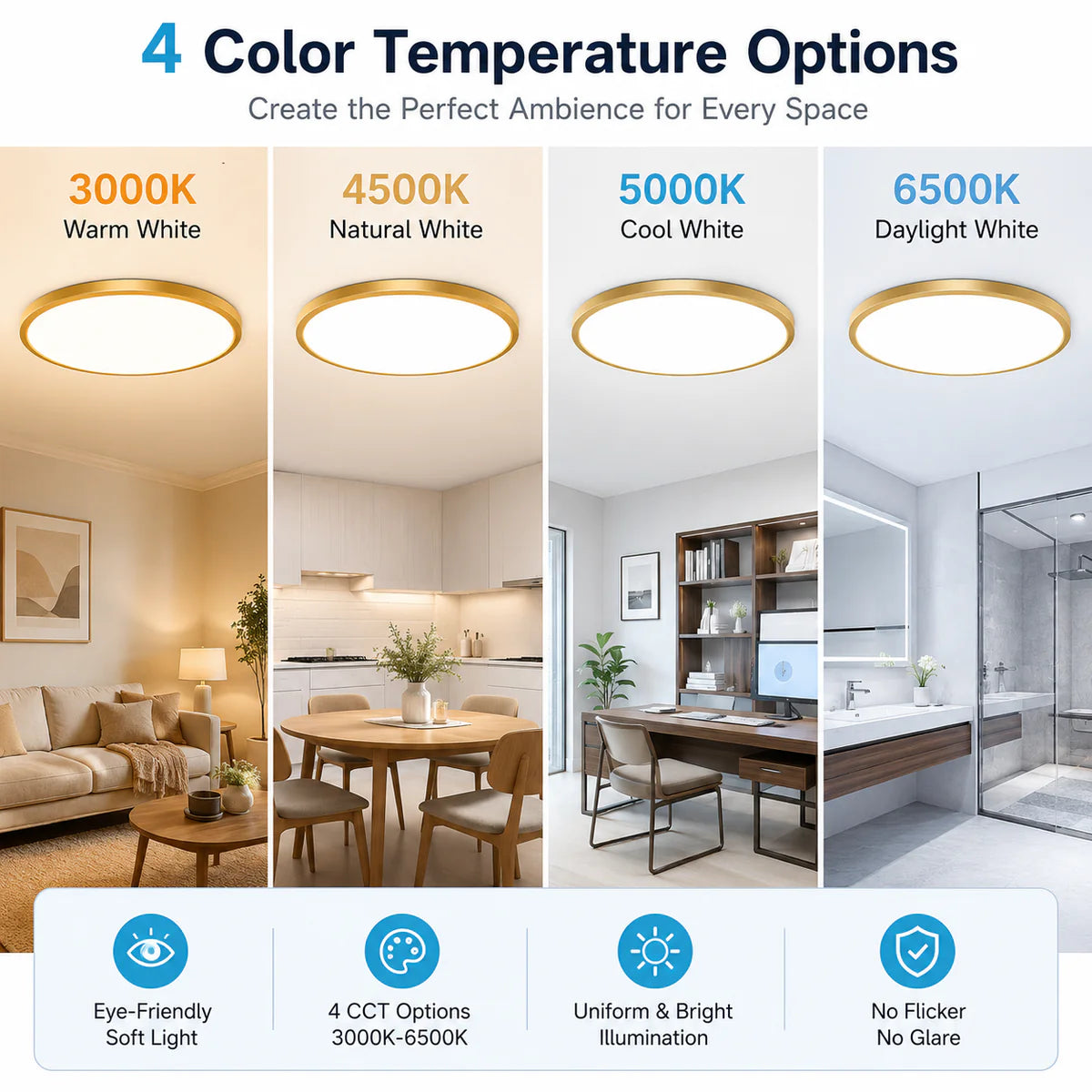 AC 110–130V Gold Round Flush Mount LED Ceiling Light – 18 / 24 / 32 Inch – 3000K / 4500K / 5000K / 6500K – for Residential & Commercial Lighting – Local Stock (US)