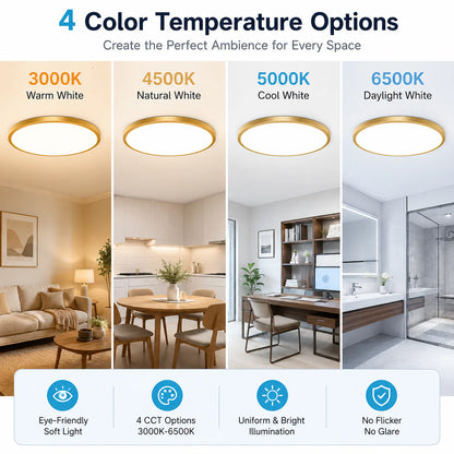 AC 110–130V Gold Round Flush Mount LED Ceiling Light – 18 / 24 / 32 Inch – 3000K / 4500K / 5000K / 6500K – for Residential & Commercial Lighting – Local Stock (US)
