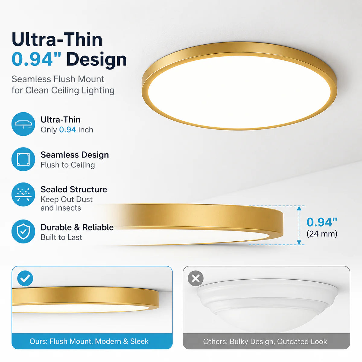 AC 110–130V Gold Round Flush Mount LED Ceiling Light – 18 / 24 / 32 Inch – 3000K / 4500K / 5000K / 6500K – for Residential & Commercial Lighting – Local Stock (US)