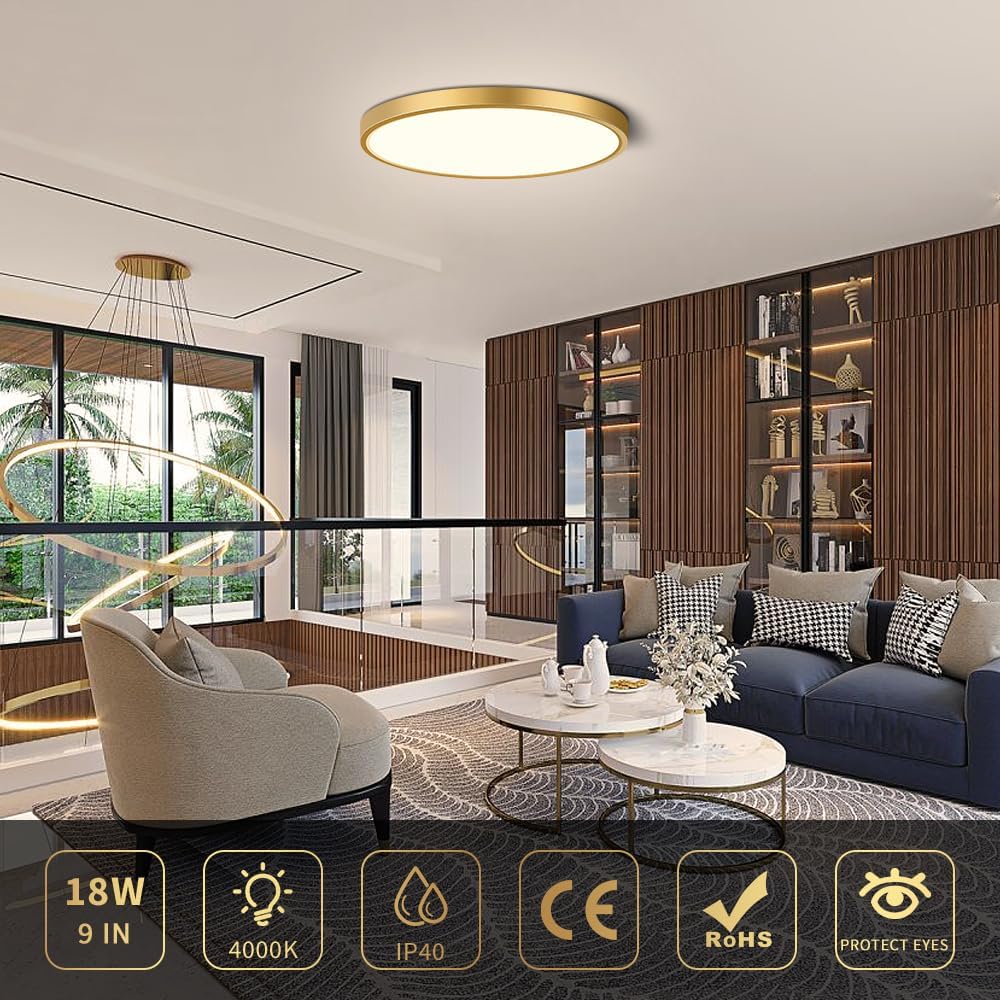 AC 110–130V Gold Round Flush Mount LED Ceiling Light – 18 / 24 / 32 Inch – 3000K / 4500K / 5000K / 6500K – for Residential & Commercial Lighting – Local Stock (US)