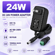 DC 24V Wall Plug LED Adapter 24W, AC 100–240V Input 24V Wall Plug LED Adapter with US Plug, Black Housing - for LED Strip Lights and Electronic Devices