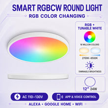 AC 110–130V | White Smart RGBCW Round Flush Mount LED Ceiling Lights  – RGB Color Changing, 12 Inch 2700K–6500K Adjustable with Dimmable Brightness, Compatible with Alexa/Google Home/APP Control WiFi Light for Bedroom/Kids Room/Party