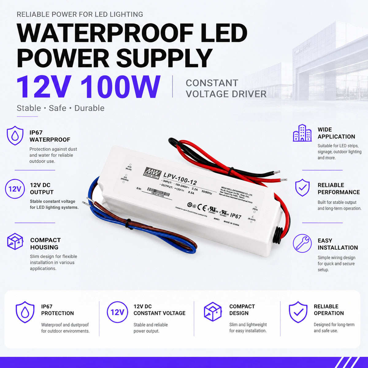 MEANWELL LPV Series 12V IP67 Waterproof Switching Power Supply, 35W–150W, AC90-264V Input, UL/CE Certified, Plastic Housing, Outdoor Lighting Projects, 1-Pack / 10-Pack
