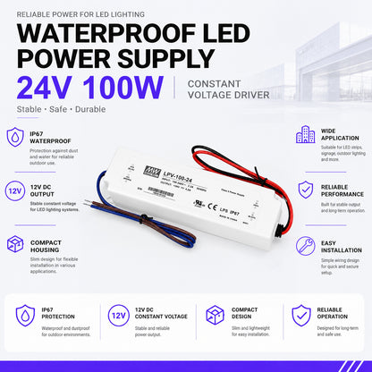 MEANWELL LPV Series 24V IP67 Waterproof Switching Power Supply, 35W–150W, AC90-264V Input, UL/CE Certified, Plastic Housing, Outdoor Lighting Projects, 1-Pack / 10-Pack