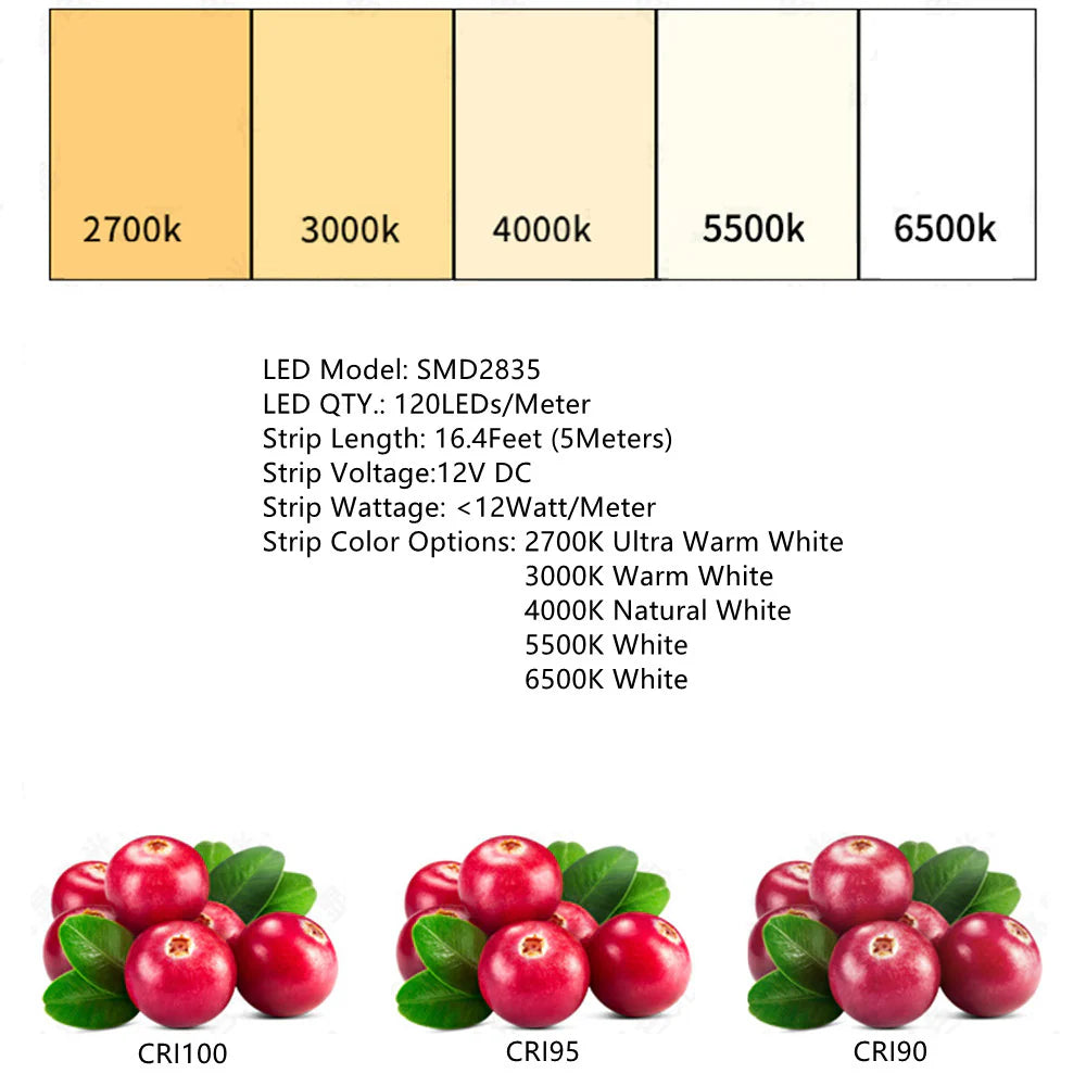 Full Spectrum LED Strip Light | CRI 97+ | SMD2835, 600 LEDs (60 LEDs/M) | 24V DC, 16W/M | 5M (16.4FT) Roll | 8mm White PCB | | IP00 / IP67 Options | Flexible Tape Light