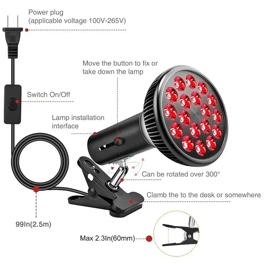 54W PAR38 Infrared Therapy LED Bulb – Dual Chip Red Light 660nm & Near Infrared 850nm | E26 / E27 Base | With / Without Desktop Clamp | US / EU Plug | Plug-In Red Light Therapy Lamp for Skin Rejuvenation & Muscle and Joint Therapy