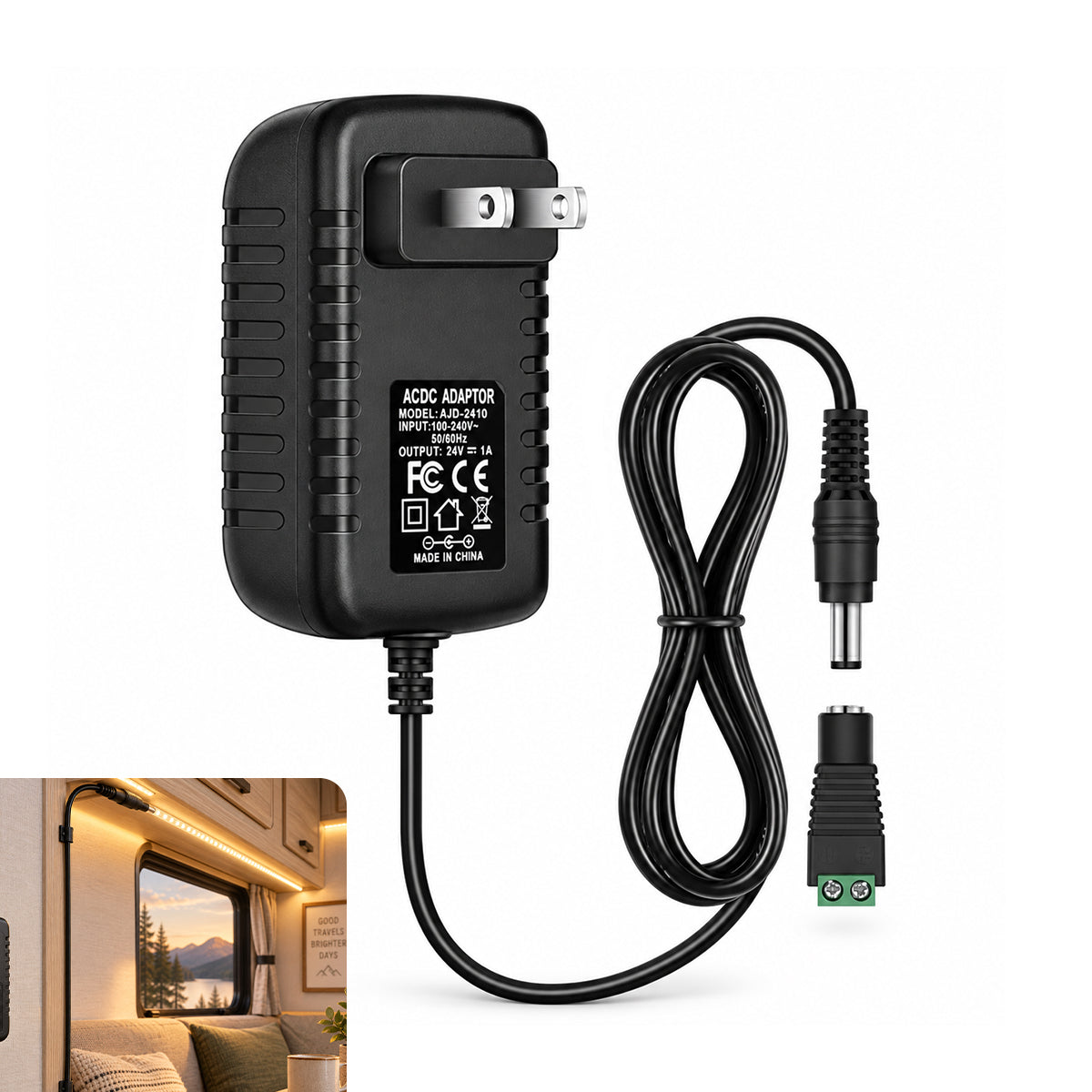 DC 24V Wall Plug LED Adapter 24W, AC 100–240V Input 24V Wall Plug LED Adapter with UK Plug, Black Housing - for LED Strip Lights and Electronic Devices