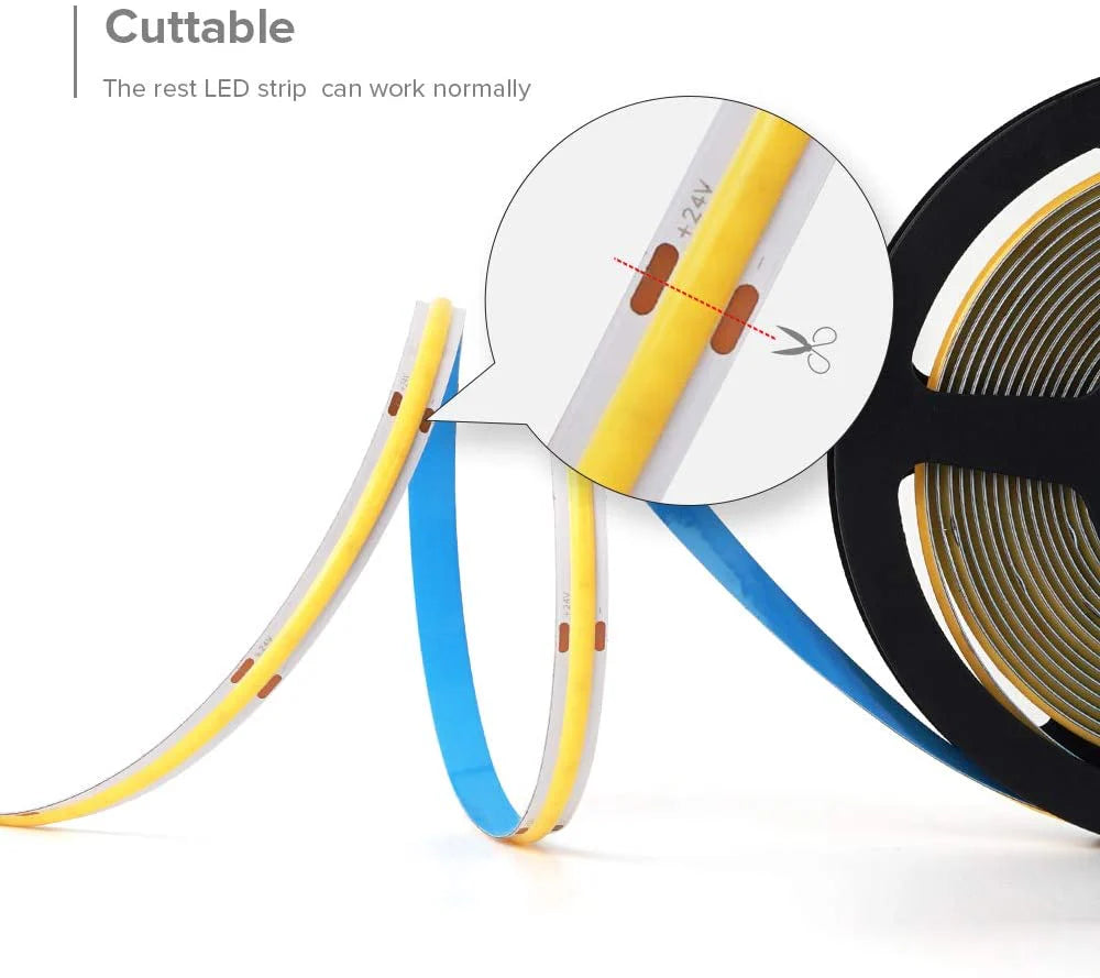 FCOB Flexible LED Strip Light | 5m (16.4ft) Roll | CRI90 | 3000K / 4000K / 6000K | 320 / 480 LEDs per Meter | 8W / 10W | 12V / 24V | 8mm Wide | Dimmable Indoor IP00 LED Ribbon