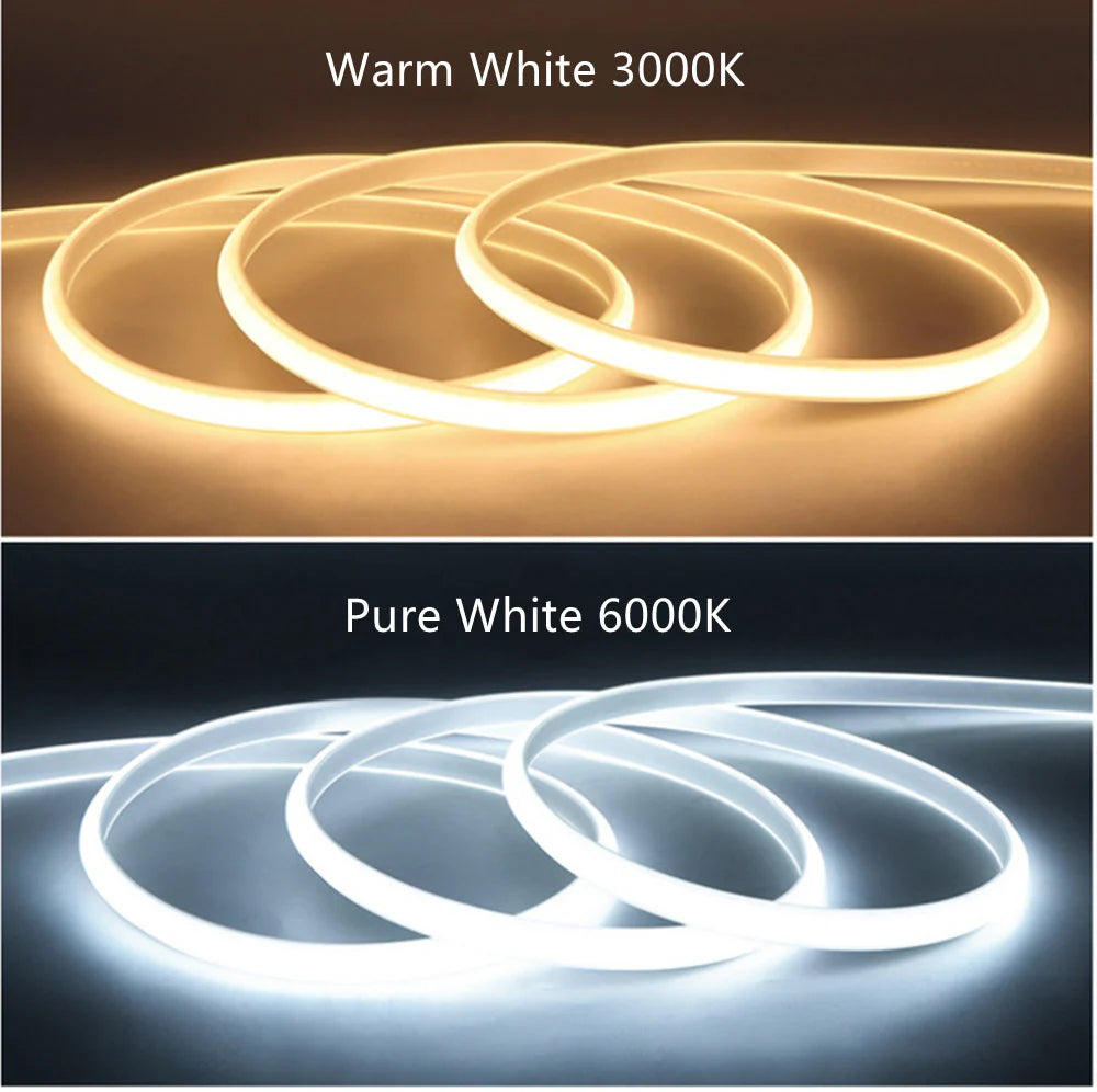 AC110V / 220V COB Flexible LED Strip Light - US / EU Plug | Inline Power Switch | 3000K / 6500K | IP65 Waterproof | Spotless High Brightness | for Cabinets, Kitchen & Office Lighting | 50/500M