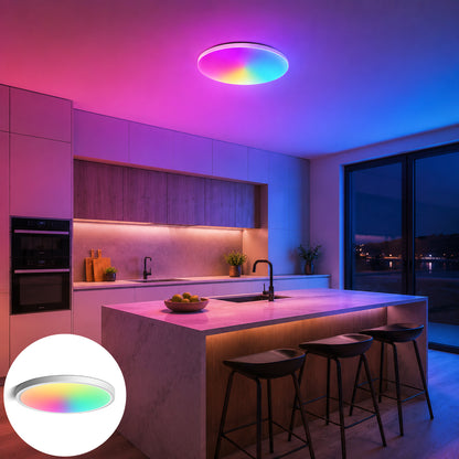 AC 220–240V | White Smart RGBCW Round Flush Mount LED Ceiling Lights – RGB Color Changing, 12 Inch 2700K–6500K Adjustable with Dimmable Brightness, Compatible with Alexa/Google Home/APP Control WiFi Light for Bedroom/Kids Room/Party