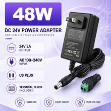 DC 24V Wall Plug LED Adapter 48W/72W, AC 100–240V Input Switching Wall Plug LED Adapter with UK Plug, Black Housing - for LED Strip Lights and Electronics