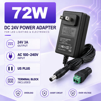 DC 24V Wall Plug LED Adapter 48W/72W, AC 100–240V Input Switching Wall Plug LED Adapter with UK Plug, Black Housing - for LED Strip Lights and Electronics