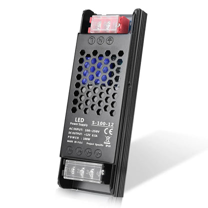 DC 12V/24V 36W–200W Slim Black Industrial Switching Power Supplies, AC 110–250V Input, Narrow Type LED Driver Transformer, Compact Metal Housing, CE/FCC/RoHS Certified