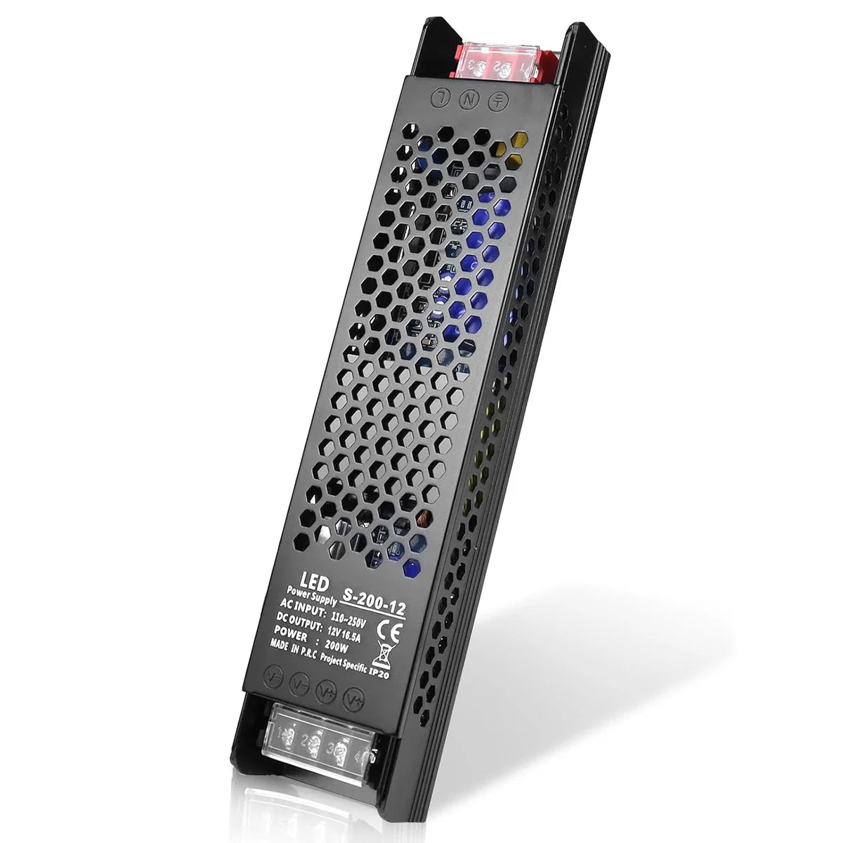 DC 12V/24V 36W–200W Slim Black Industrial Switching Power Supplies, AC 110–250V Input, Narrow Type LED Driver Transformer, Compact Metal Housing, CE/FCC/RoHS Certified