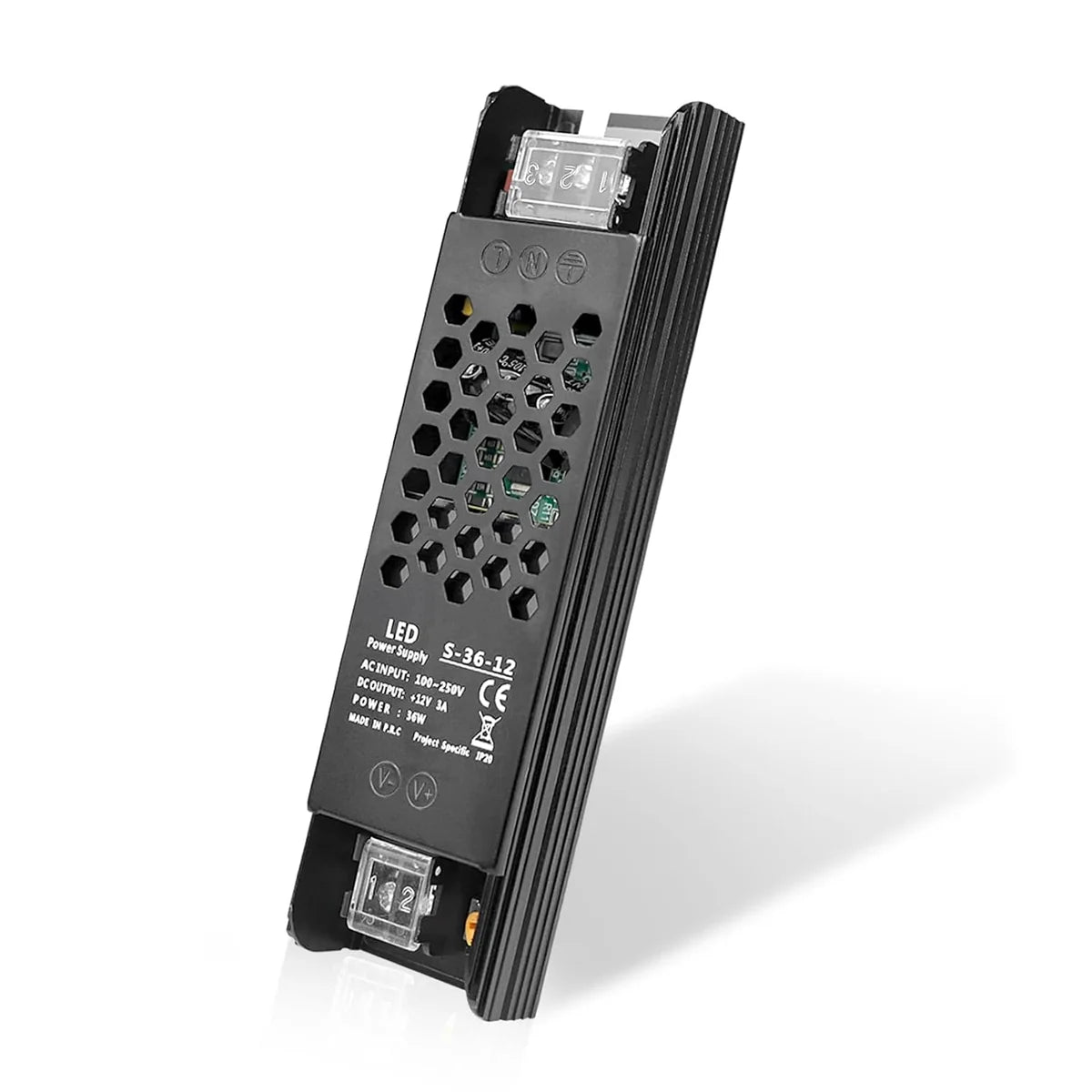 DC 12V/24V 36W–200W Slim Black Industrial Switching Power Supplies, AC 110–250V Input, Narrow Type LED Driver Transformer, Compact Metal Housing, CE/FCC/RoHS Certified