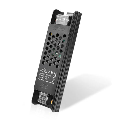 DC 12V/24V 36W–200W Slim Black Industrial Switching Power Supplies, AC 110–250V Input, Narrow Type LED Driver Transformer, Compact Metal Housing, CE/FCC/RoHS Certified