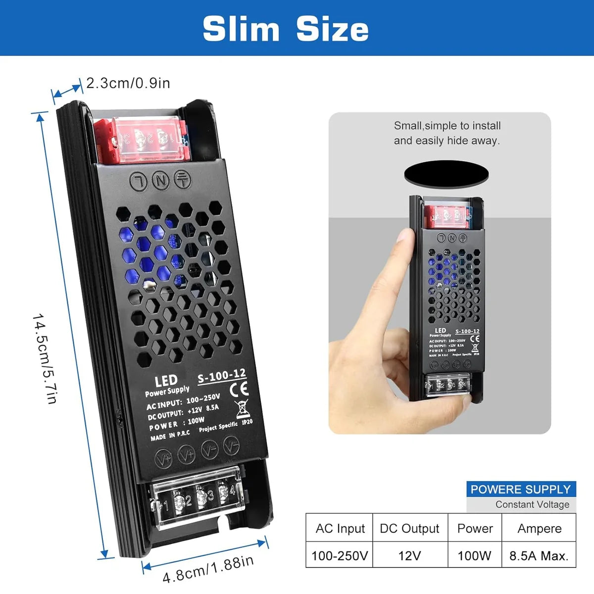 DC 12V/24V 36W–200W Slim Black Industrial Switching Power Supplies, AC 110–250V Input, Narrow Type LED Driver Transformer, Compact Metal Housing, CE/FCC/RoHS Certified