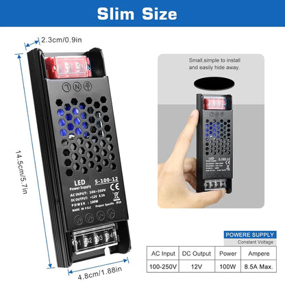 DC 12V/24V 36W–200W Slim Black Industrial Switching Power Supplies, AC 110–250V Input, Narrow Type LED Driver Transformer, Compact Metal Housing, CE/FCC/RoHS Certified