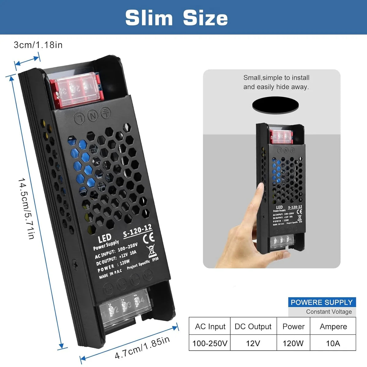 DC 12V/24V 36W–200W Slim Black Industrial Switching Power Supplies, AC 110–250V Input, Narrow Type LED Driver Transformer, Compact Metal Housing, CE/FCC/RoHS Certified