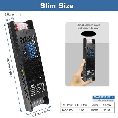 DC 12V/24V 36W–200W Slim Black Industrial Switching Power Supplies, AC 110–250V Input, Narrow Type LED Driver Transformer, Compact Metal Housing, CE/FCC/RoHS Certified