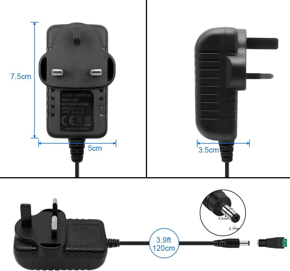 12V Wall Plug LED Adapter 12W/24W, AC 100–240V Input Black Wall Plug LED Adapter with UK Plug - for LED Strip Lights, CCTV and Electronics