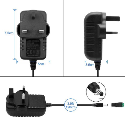 12V Wall Plug LED Adapter 12W/24W, AC 100–240V Input Black Wall Plug LED Adapter with UK Plug - for LED Strip Lights, CCTV and Electronics