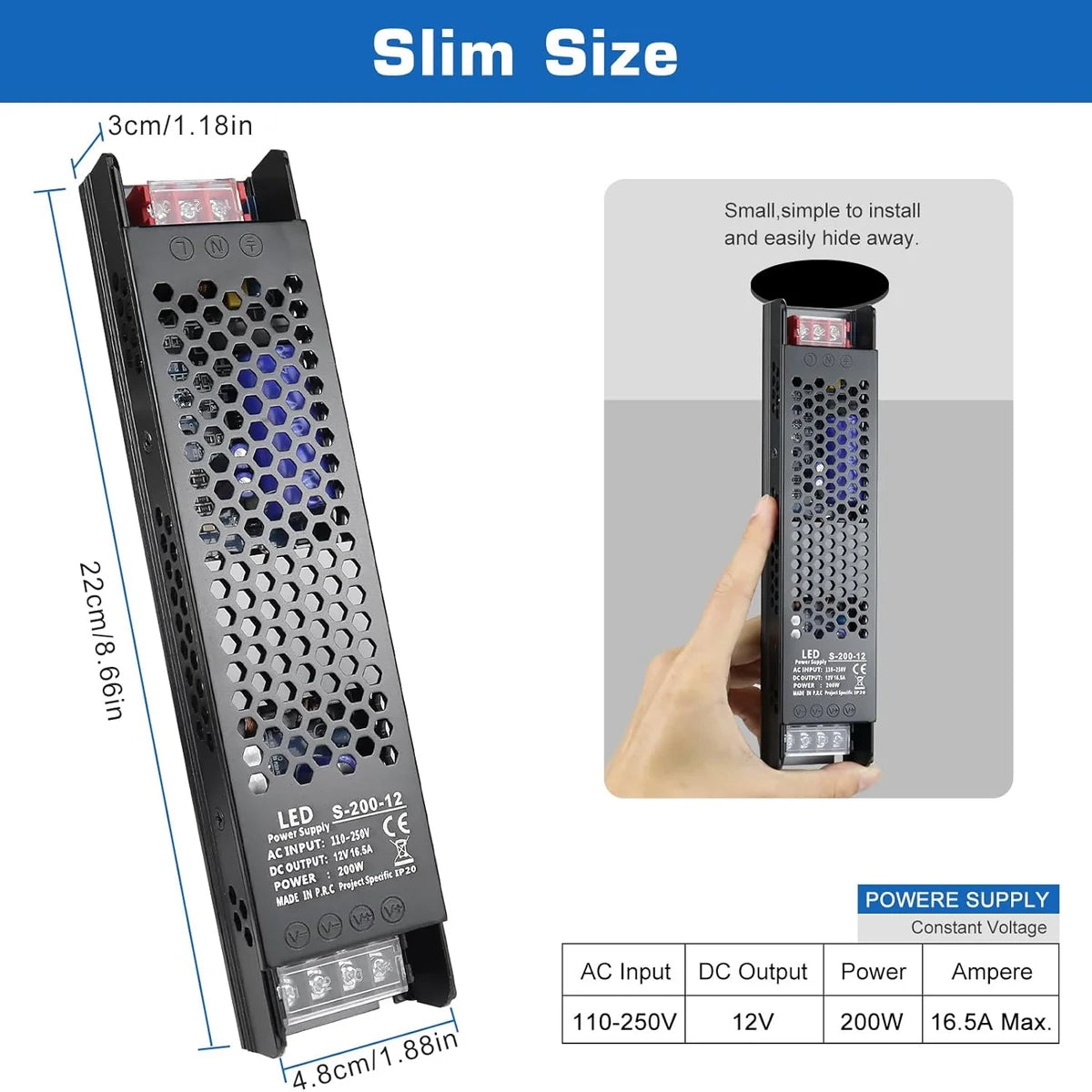 DC 12V/24V 36W–200W Slim Black Industrial Switching Power Supplies, AC 110–250V Input, Narrow Type LED Driver Transformer, Compact Metal Housing, CE/FCC/RoHS Certified