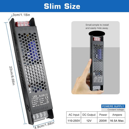 DC 12V/24V 36W–200W Slim Black Industrial Switching Power Supplies, AC 110–250V Input, Narrow Type LED Driver Transformer, Compact Metal Housing, CE/FCC/RoHS Certified