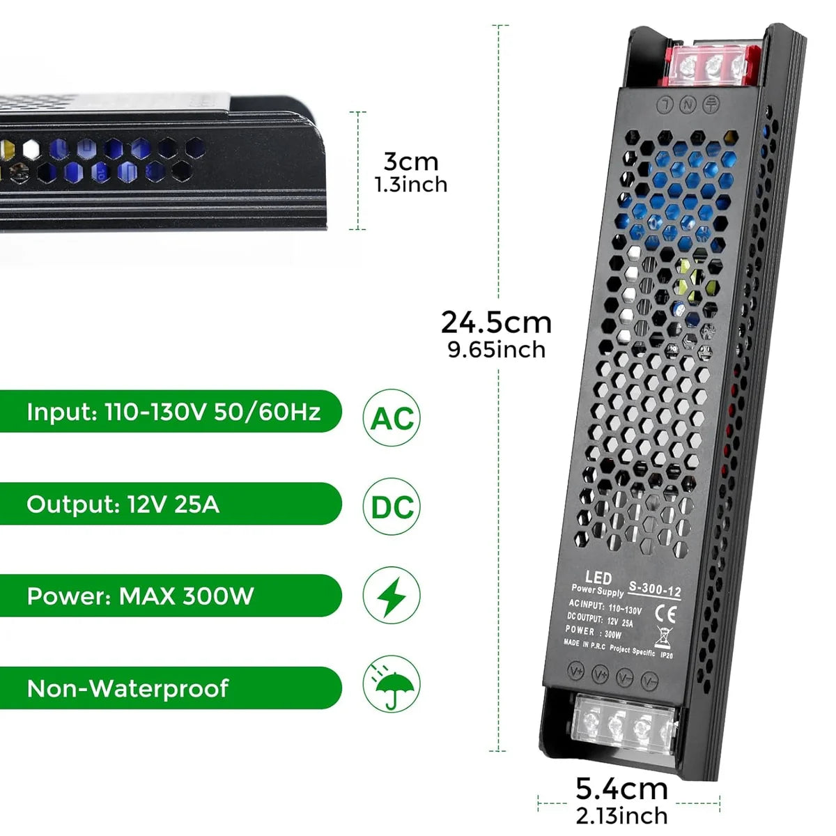 DC 12V 300W–400W Slim Black Industrial Switching Power Supplies, AC 120–130V/170–250V Input, LED Driver Transformer with Built-in Cooling Fan, CE/FCC/RoHS Certified