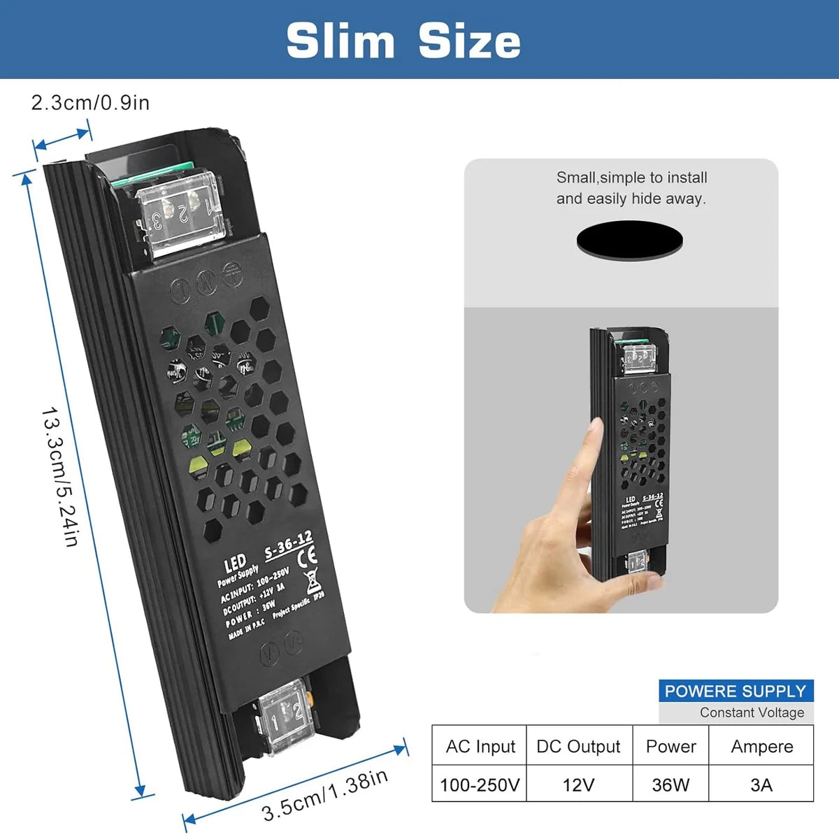 DC 12V/24V 36W–200W Slim Black Industrial Switching Power Supplies, AC 110–250V Input, Narrow Type LED Driver Transformer, Compact Metal Housing, CE/FCC/RoHS Certified