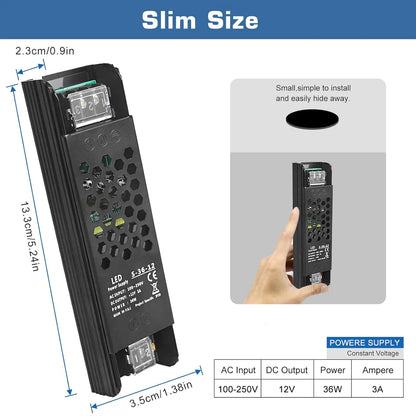 DC 12V/24V 36W–200W Slim Black Industrial Switching Power Supplies, AC 110–250V Input, Narrow Type LED Driver Transformer, Compact Metal Housing, CE/FCC/RoHS Certified