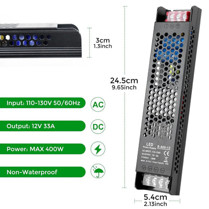 DC 12V 300W–400W Slim Black Industrial Switching Power Supplies, AC 120–130V/170–250V Input, LED Driver Transformer with Built-in Cooling Fan, CE/FCC/RoHS Certified