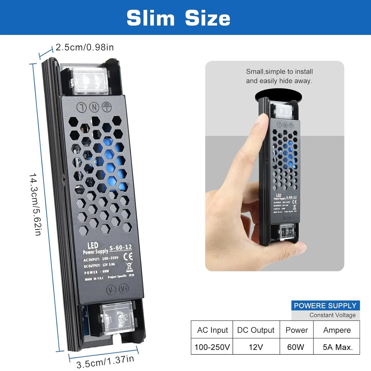 DC 12V/24V 36W–200W Slim Black Industrial Switching Power Supplies, AC 110–250V Input, Narrow Type LED Driver Transformer, Compact Metal Housing, CE/FCC/RoHS Certified