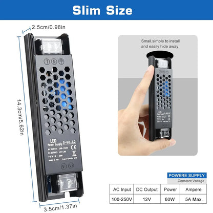 DC 12V/24V 36W–200W Slim Black Industrial Switching Power Supplies, AC 110–250V Input, Narrow Type LED Driver Transformer, Compact Metal Housing, CE/FCC/RoHS Certified