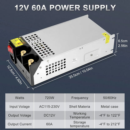 Upgrade 12V DC Industrial Switching Power Supplies 360W–720W (30A–60A), AC 110/240V Input Converter & Transformer, Cooling Fan Design, LED Driver Adapter for Strip Lights, 3D Printer, Radio — US/UK/EU Plug Options, CE/FCC/RoHS Certified